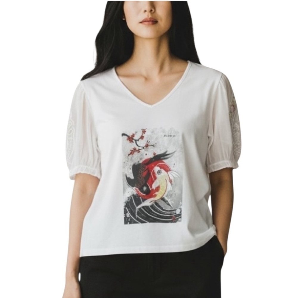 Kitsch & Pop Koi Fish Lace Sleeve Top NWT